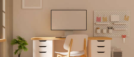 Scandinavian apartment working room style, computer pc blank monitor mockup, poster wall mockup, room in nordic style, 3d rendering, 3d illustrationの写真素材