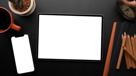 Touchscreen device objects concept, modern mobile phone and smart tablet blank screen mockup on...