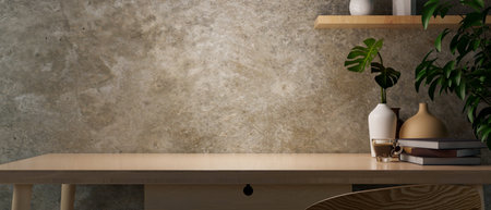 Modern grunge concrete loft wall, with copy space on wood desk with drawer, ceramic vases, minimal indoor plants, shelf, 3d rendering, 3d illustrationの写真素材
