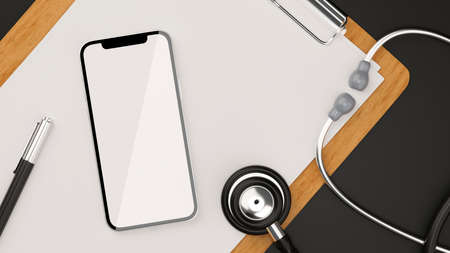 Medical online application banner concept, smartphone blank screen mockup, stethoscope, pen, clipboard with blank sheet on black background, flat lay, 3d rendering, 3d illustrationの写真素材