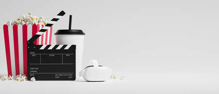 Cinematograph, virtual experience movie with vr glasses, movie clapper, soda drink, popcorn box, copy space for your brands on white background, 3d rendering, 3d illustrationの写真素材