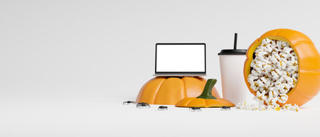 Laptop blank screen mockup, soda drink, spilled popcorn in pumpkin bucket, free space for text, white background, 3d rendering, 3d illustrationの写真素材