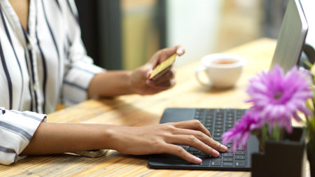 Closeup, woman holding credit card, typing on tablet, shopping from home, online transaction money, cashlessの写真素材