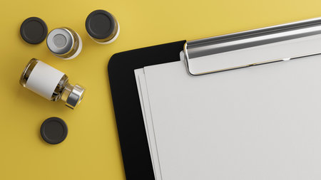 Blank sheet on medical clipboard with vaccines, covid19, ampoules, health check up, vaccination, yellow background, 3d rendering, 3d illustrationの写真素材