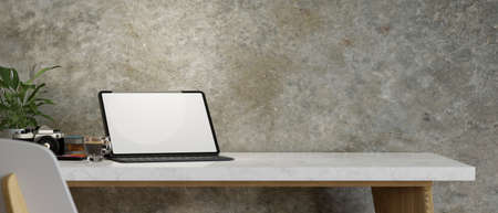 Closeup, Lifestyle workspace concept, freelance photographer working desk, tablet mockup, copy space, camera, loft wall, 3d rendering, 3d illustrationの写真素材