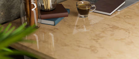 Closeup, Working desk with copy space on marble table with brown tint, accessories, marble texture, classic luxury workspace, 3d rendering, 3d illustrationの写真素材
