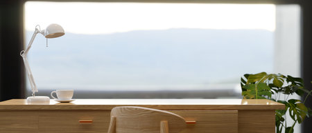 Copy space for product display on wooden work table with mountain landscape panorama view in the background, 3d rendering, 3d illustrationの写真素材