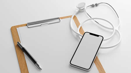 Medical clipboard blank sheet mockup with smartphone blank screen mockup and stethoscope on white background, 3d rendering, 3d illustrationの写真素材