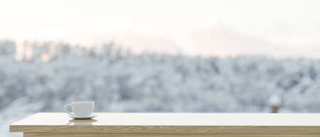 Free space for product display on wooden tabletop with coffee mug and blurred backgroundの写真素材