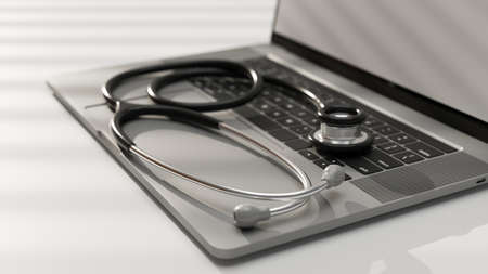 Close up, Doctor equipment concept, Laptop computer and stethoscope in white background, 3d rendering, 3d illustrationの写真素材