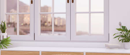 Copy space on modern table top with modern houseplants near window with blurred cityscape in the background, space for product display, 3d rendering, 3d illustrationの写真素材