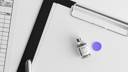 Healthcare and Medical concept, Covid19 vaccine vial on blank medical clipboard sheet, white background, immunisation treatment, 3d rendering, 3d illustrationの写真素材