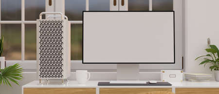 Modern loft industrial home office interior design with computer monitor, modern decorations and plants, close up, 3d rendering, 3d illustrationの写真素材