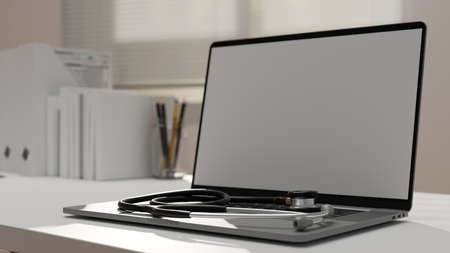 Close up, Doctor workspace with stethoscope on laptop mockup in blurred doctor's office in the background, 3d rendering, 3d illustrationの写真素材