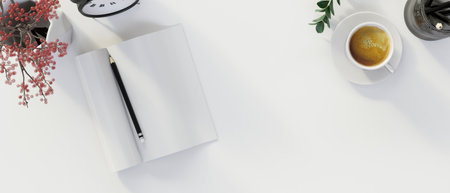Top view, Empty space for product display on white background with blank notebook, coffee, flower in...