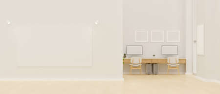 Modern office room interior with large poster frame mockup on wall for display your art piece, modern computer desk with light wooden floor, 3d rendering, 3d illustrationの写真素材