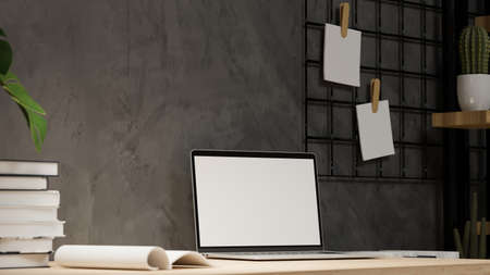Laptop mockup in modern loft home office interior, laptop blank screen, close up, 3d rendering, 3d illustrationの写真素材