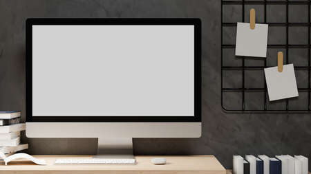 Close up, Modern office with desktop computer blank screen mockup for product display, dark loft wall, modern decors, 3d rendering, 3d illustrationの写真素材