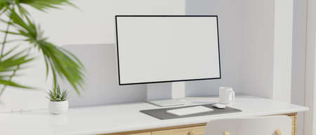 Closeup, Modern workplace with computer desk and computer monitor blank screen mockup in minimal modern interior design, 3d rendering, 3d illustrationの写真素材