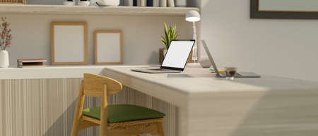 Workspace in modern living room interior design, laptop blank screen mockup, frame template on wooden table, 3d rendering, 3d illustrationの写真素材