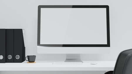 Close up, Computer desk with blank screen computer mockup, office folders, coffee cup on table, black and white interior style, 3d rendering, 3d illustrationの写真素材