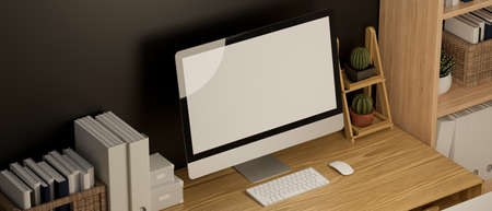 Stylish home workspace mockup in minimal contemporary interior design, computer white screen mockup on wooden table with modern decorations, 3d rendering, 3d illustrationの写真素材
