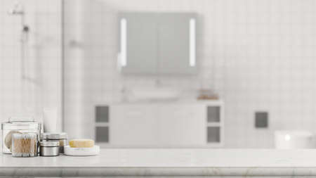 Hotel bathroom concept, Marble tabletop and mockup space for product display with soap, a box of cotton bud, skincare tube, bathing amenities over bright bathroom, 3d rendering, 3d illustrationの写真素材