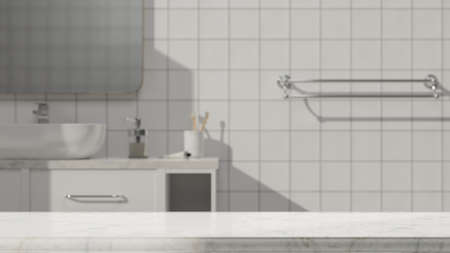 Marble top table mock-up for display and montage your brands mock-up for advertising over blurred minimal bathroom in background, 3d rendering, 3d illustrationの写真素材