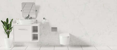 Interior of modern white bathroom with ceramic washbasin on counter, mirror, toilet, indoor minimal plant over marble wall, white tiles, 3d rendering, 3d illustrationの写真素材
