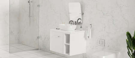 Luxury and stylish bathroom with vessel sink on white counter, mirror on marble wall, toilet, shower and indoor plant, 3d rendering, 3d illustrationの写真素材