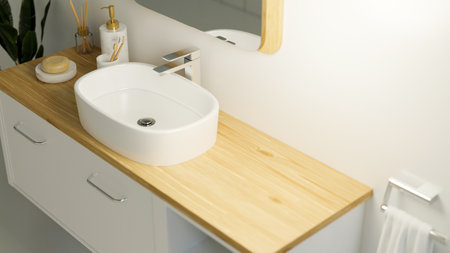 Side view, Stylish and cozy clean bathroom close up view of vessel sink, bathing accessories and mockup space for montage on wooden countertop under light, 3d rendering, 3d illustrationの写真素材