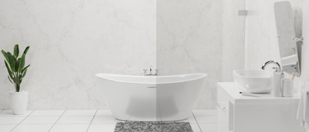 Modern stylish bathroom interior with luxury bathtub, ceramic vessel sink and faucet on counter, mirror, indoor plant on white tiles floor and marble wall, 3d rendering, 3d illustrationの写真素材