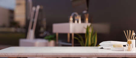Empty space for spa or shower product montage mockup display on marble tabletop with bathing...