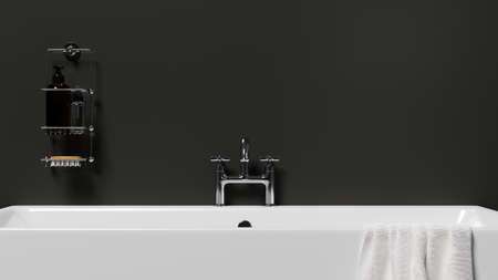 Close up Luxury bathtub in modern stylish bathroom with black wall, bathing accessories. Stylish bathroom interior, relaxation, 3d rendering, 3d illustrationの写真素材