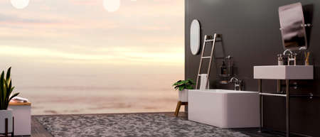 3d rendering, Stylish modern bathroom interior with bathtub, basin, bathing accessories and vanilla sky view in background, 3d illustrationの写真素材