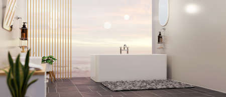 Luxury spacious bathroom interior with bathtub, mirror, basin, indoor plants over sky view in background, 3d rendering, 3d illustrationの写真素材