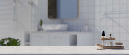 Tabletop over bathroom concept. Marble tabletop with set of bath accessories over modern white minimalist bathroom, 3d rendering, 3d illustrationの写真素材