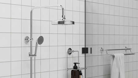 Modern minimalist bathroom closeup shower stall interior image with shower, shampoo or soap bottle,...