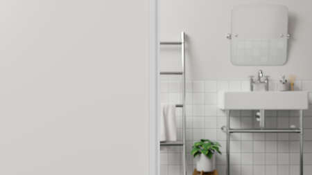 Foreground wall or White wall fragment over blurred white modern bathroom with sink, mirror, ladder and indoor plant, 3d rendering, 3d illustrationの写真素材