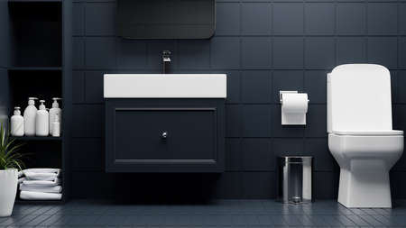 Modern luxury bathroom interior with toilet bowl, stylish cabinet and basin, bathing shelves in dark blue tiles floor and wall. 3d rendering, 3d illustrationの写真素材