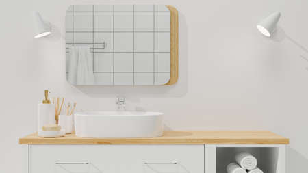 Minimalist and Scandinavian bathroom interior closeup to space for montage on wood cabinet, vessel sink, mirror, bath accessories over white wall. 3d rendering, 3d illustrationの写真素材