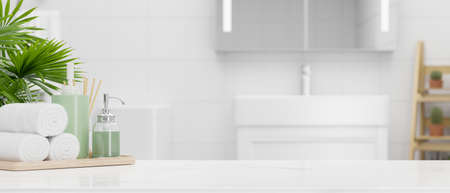 Close up bathroom tabletop with mockup space and bath accessories over modern cozy bright bathroom. 3d rendering, 3d illustrationの写真素材