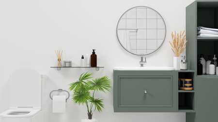 Scandinavian bathroom interior style with toilet bowl, round mirror, modern green cabinet and shelves over white wall. 3d rendering, 3d illustrationの写真素材