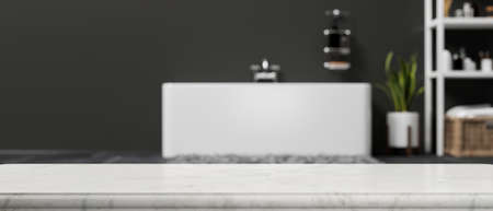 Empty space on marble bathroom tabletop over blurred modern and contemporary bathroom interior. 3d rendering, 3d illustrationの写真素材