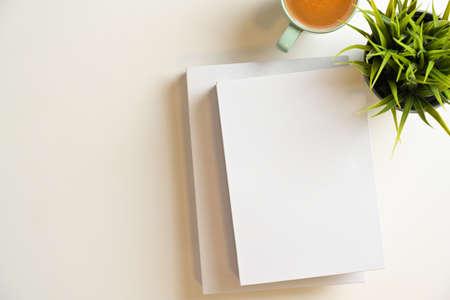 Two of blank book cover for text display with coffee cup, plant and copy space on white background. Top viewの写真素材
