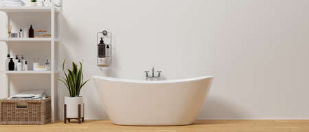 Modern minimalist bathroom with luxury bathtub, stylish shelves with bath accessories, indoor plant on parquet floor and bathroom shelf on white wall. 3d rendering, 3d illustrationの写真素材