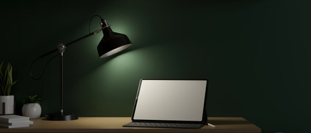 Digital tablet computer in blank screen mockup with magic keyboard under low light from table lamp, Dark work office, Close up, 3d rendering, 3d illustrationの写真素材