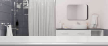 Empty white tabletop for montage your product over blurred modern bathroom interior in the background. 3d rendering, 3d illustrationの写真素材