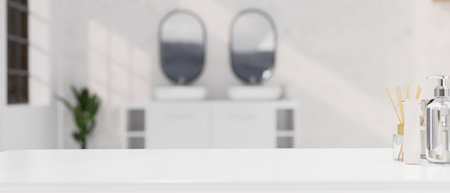 Mockup of a modern empty white bathroom tabletop with a stylish bathing product on top over blurred bright spacious bathroom in the background 3d rendering, 3d illustrationの写真素材