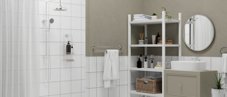 Modern apartment bathroom interior with shower zone, basin stand on cabinet, round mirror, bathroom shelves in tile walls. 3d rendering, 3d illustrationの写真素材